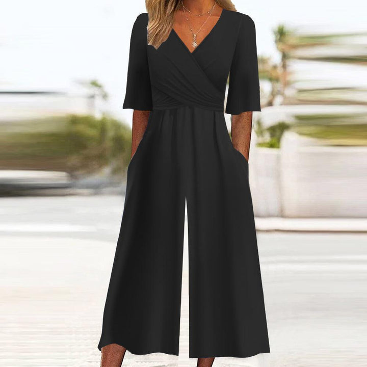 Nancy™ | Black Solid Color Half Sleeves Side pocket Jumpsuit