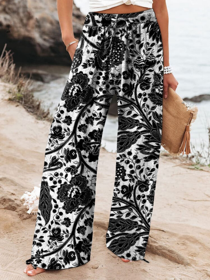 Thea™ | Casual Women's Cotton and Linen Trousers with Floral Art Print