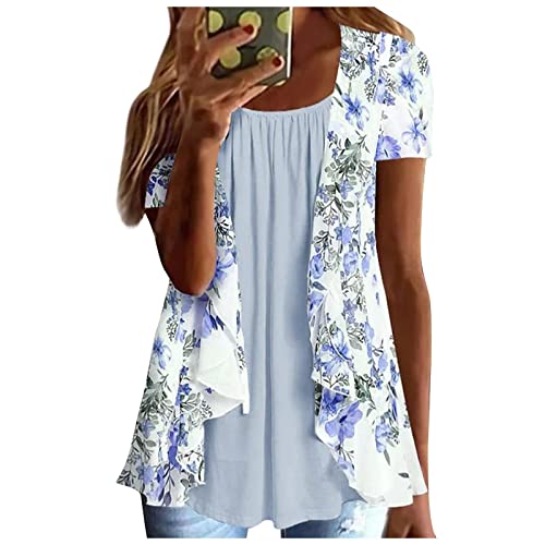 Lexi™ | Blouses for Women Dressy Casual Crewneck Short Sleeve T Shirts Summer Elegant Floral Printed Cardigan Two Piece Tops