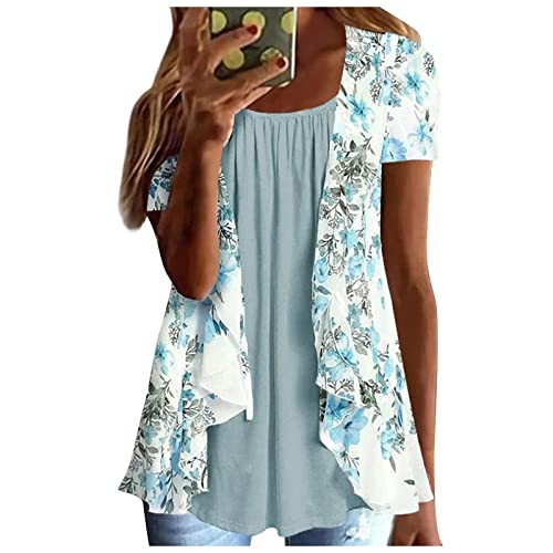 Lexi™ | Blouses for Women Dressy Casual Crewneck Short Sleeve T Shirts Summer Elegant Floral Printed Cardigan Two Piece Tops