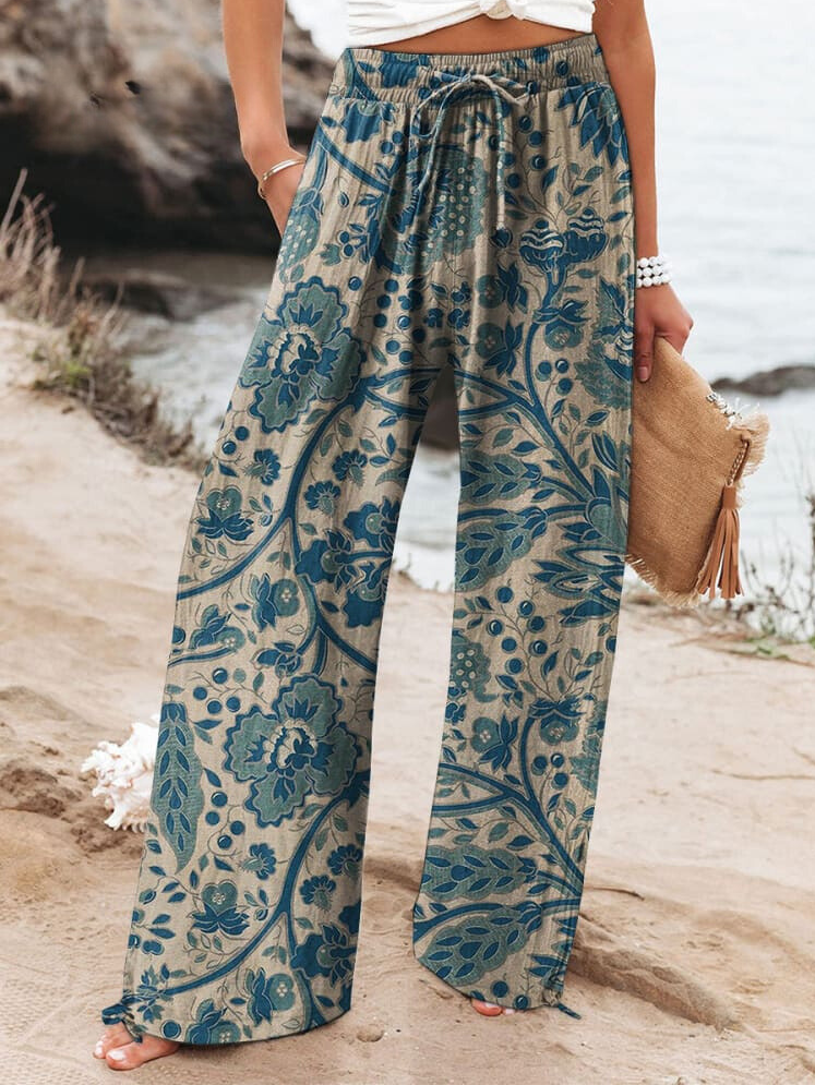 Thea™ | Casual Women's Cotton and Linen Trousers with Floral Art Print