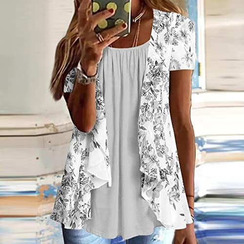 Lexi™ | Blouses for Women Dressy Casual Crewneck Short Sleeve T Shirts Summer Elegant Floral Printed Cardigan Two Piece Tops