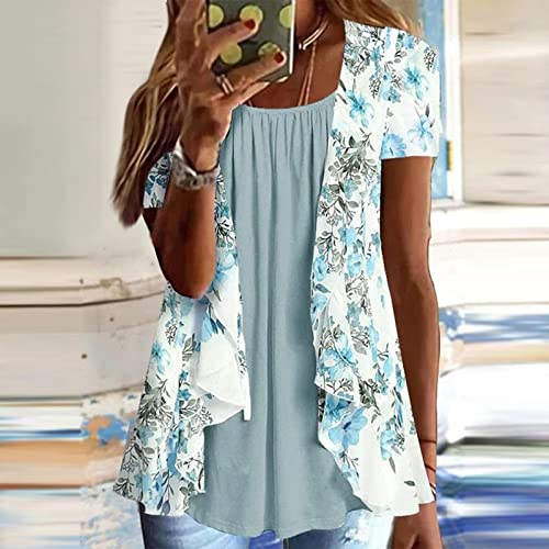 Lexi™ | Blouses for Women Dressy Casual Crewneck Short Sleeve T Shirts Summer Elegant Floral Printed Cardigan Two Piece Tops