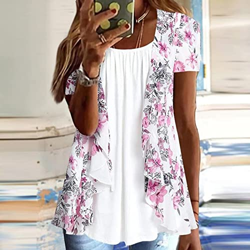 Lexi™ | Blouses for Women Dressy Casual Crewneck Short Sleeve T Shirts Summer Elegant Floral Printed Cardigan Two Piece Tops