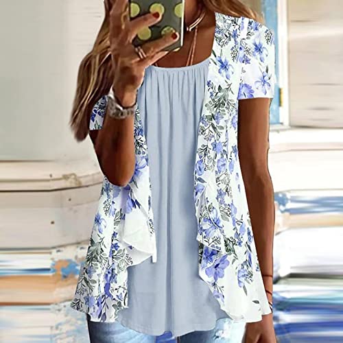 Lexi™ | Blouses for Women Dressy Casual Crewneck Short Sleeve T Shirts Summer Elegant Floral Printed Cardigan Two Piece Tops