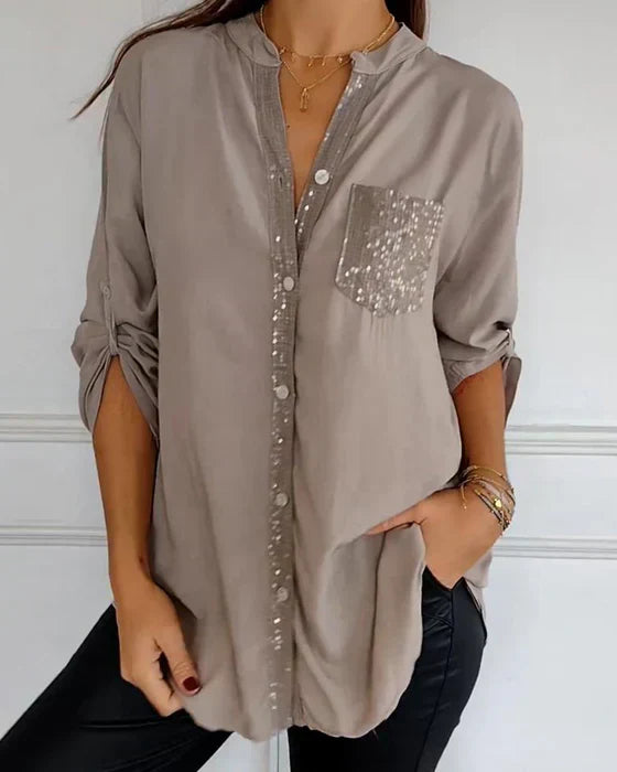 Elmie™ | Casual V-neck Sequin Woman's Blouse