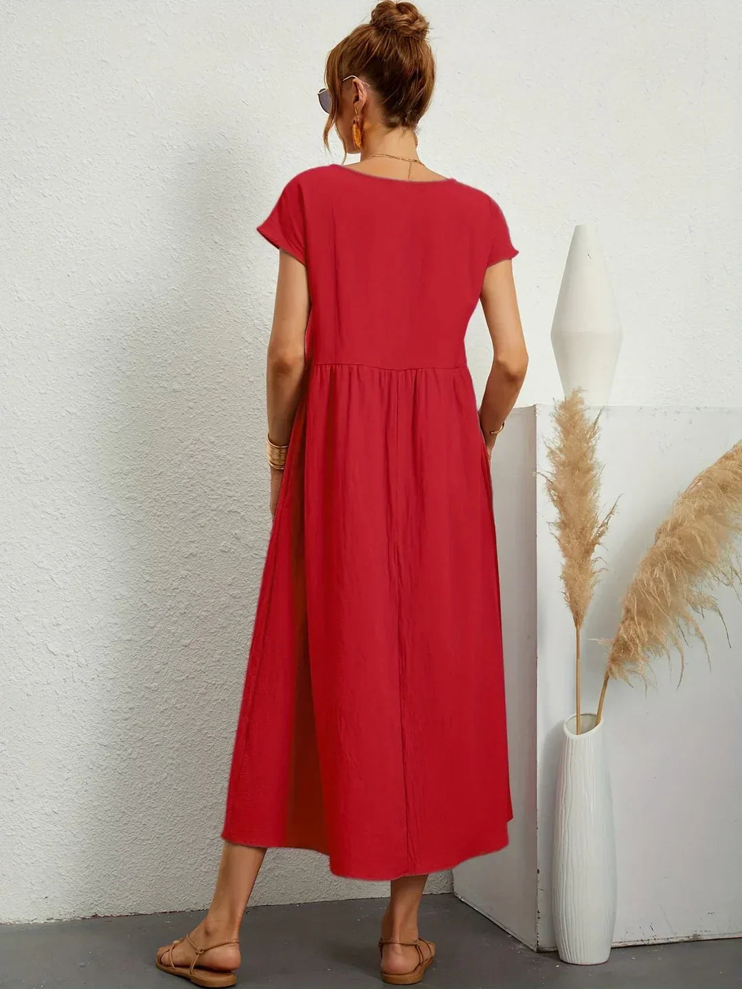 Osana™ | Elegant Short Sleeve Cotton Pleated Dress