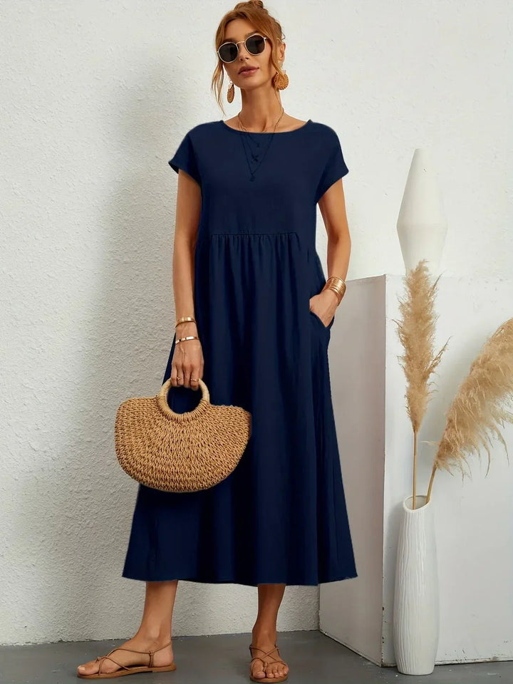 Osana™ | Elegant Short Sleeve Cotton Pleated Dress