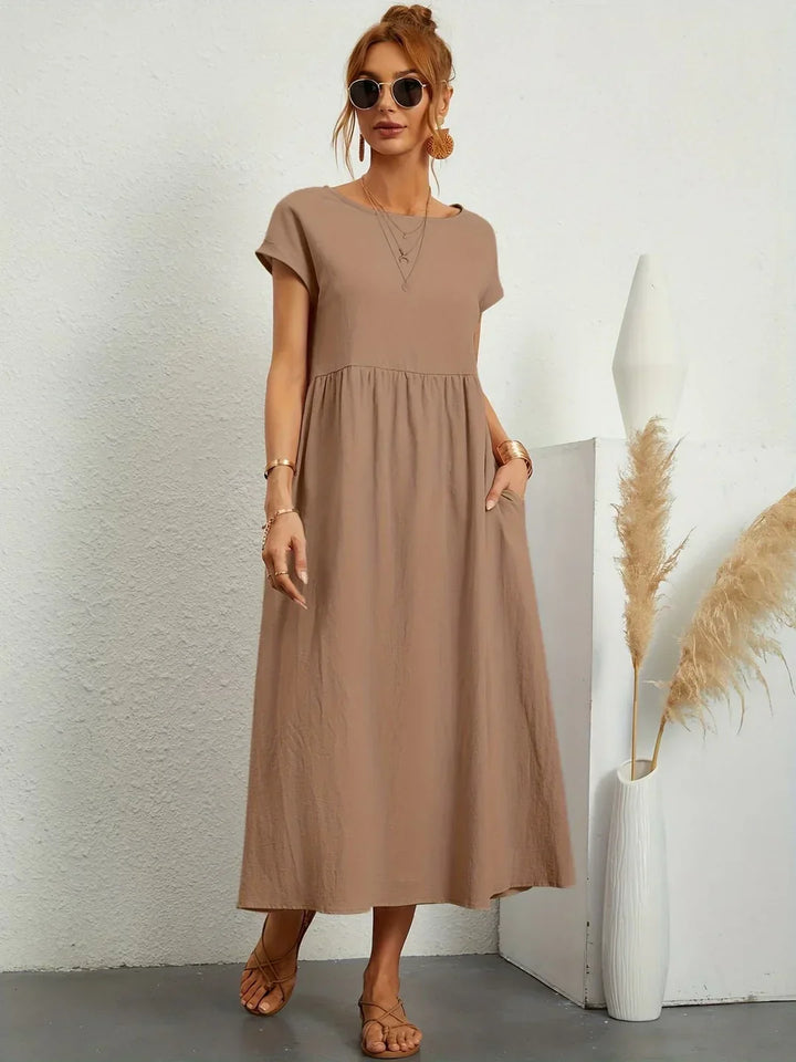 Osana™ | Elegant Short Sleeve Cotton Pleated Dress