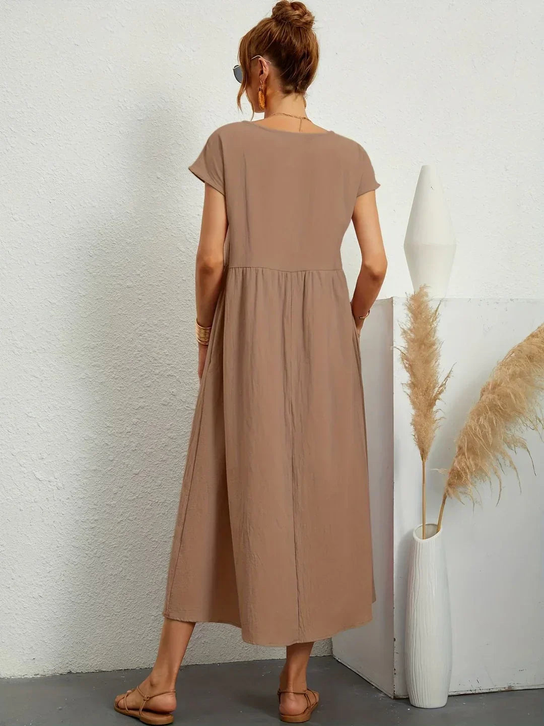 Osana™ | Elegant Short Sleeve Cotton Pleated Dress