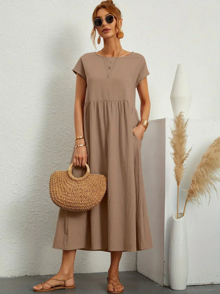 Osana™ | Elegant Short Sleeve Cotton Pleated Dress