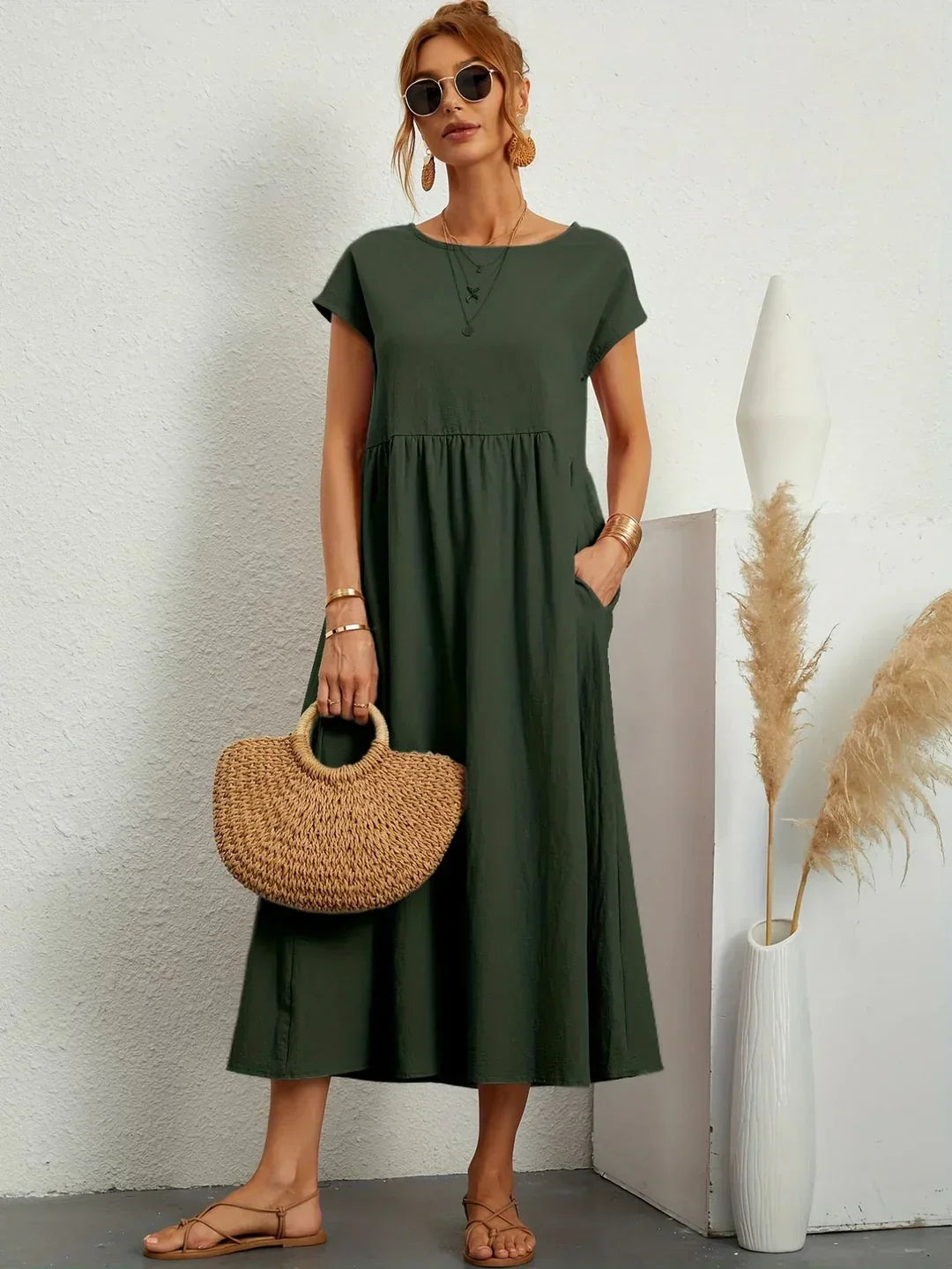 Osana™ | Elegant Short Sleeve Cotton Pleated Dress