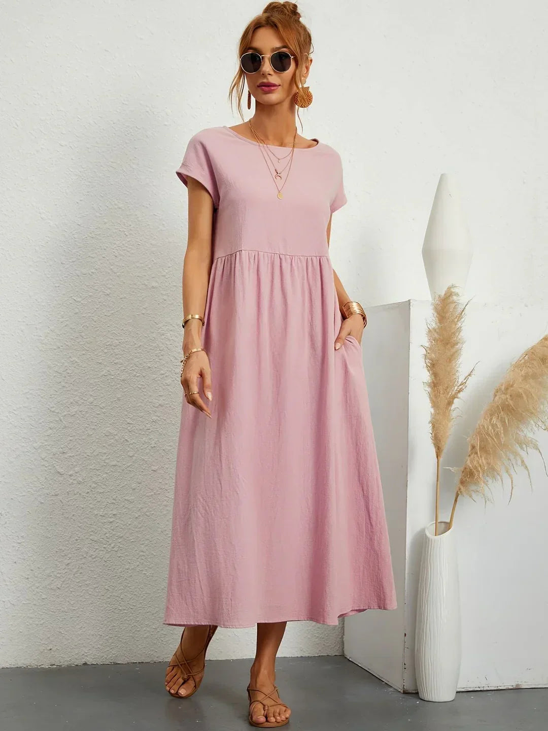 Osana™ | Elegant Short Sleeve Cotton Pleated Dress