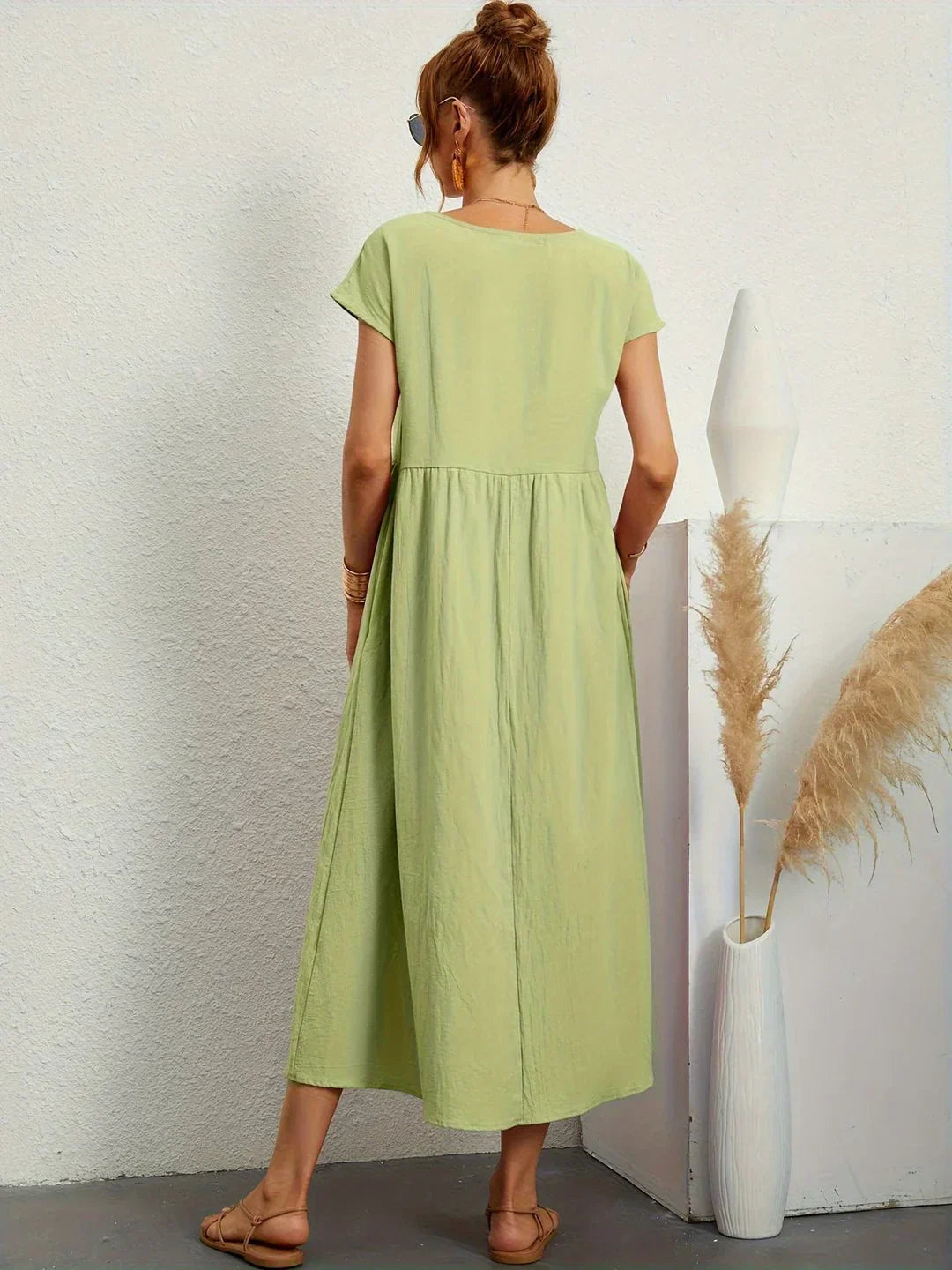 Osana™ | Elegant Short Sleeve Cotton Pleated Dress