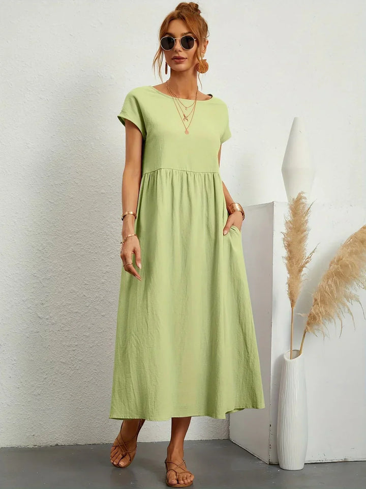 Osana™ | Elegant Short Sleeve Cotton Pleated Dress