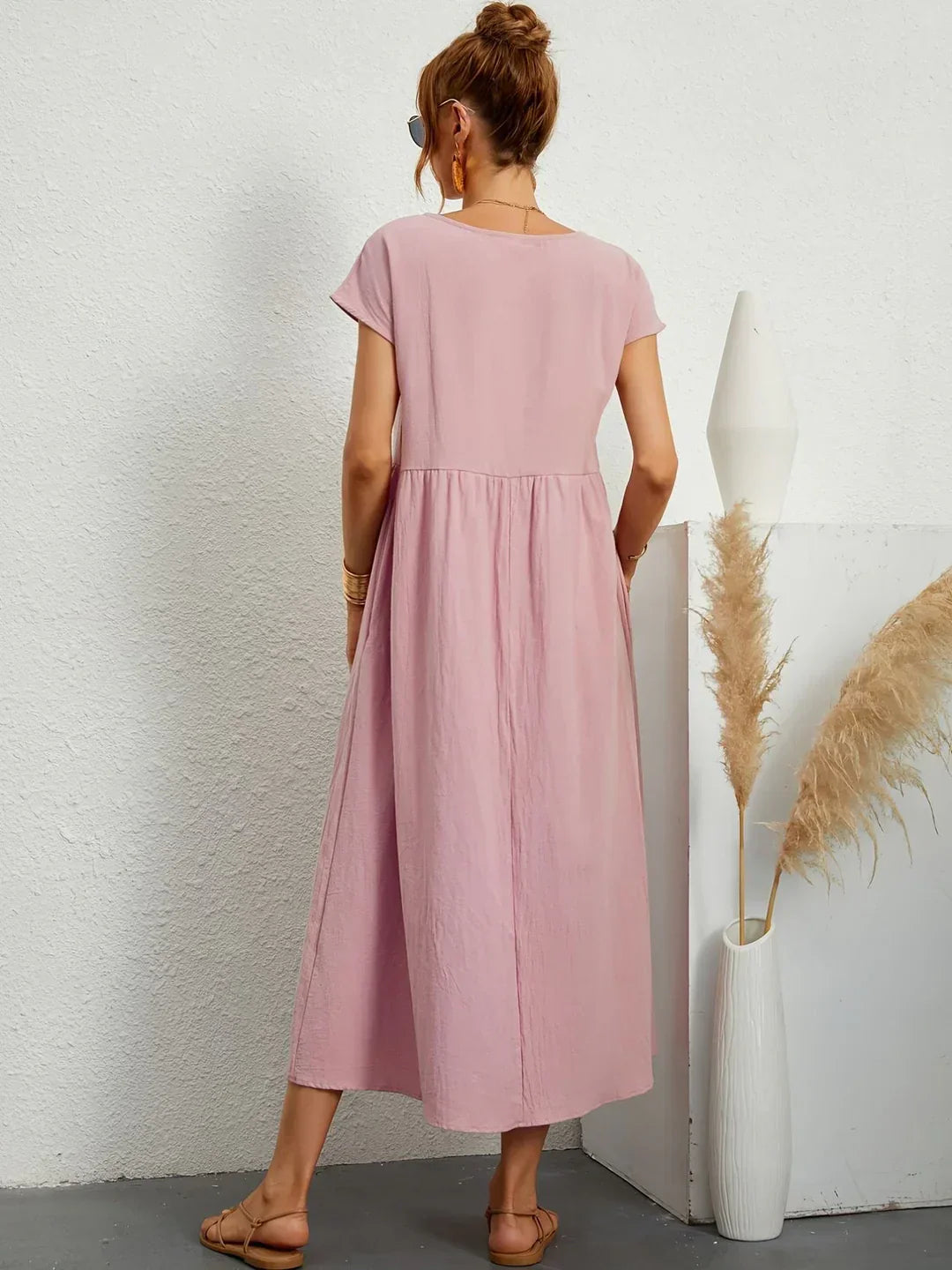 Osana™ | Elegant Short Sleeve Cotton Pleated Dress