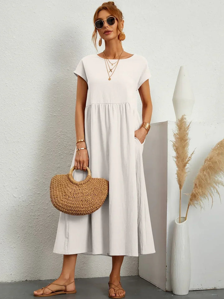 Osana™ | Elegant Short Sleeve Cotton Pleated Dress