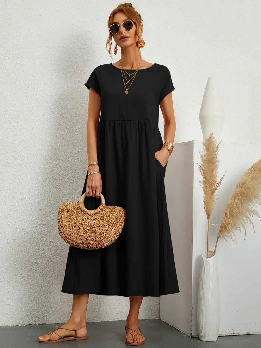 Osana™ | Elegant Short Sleeve Cotton Pleated Dress