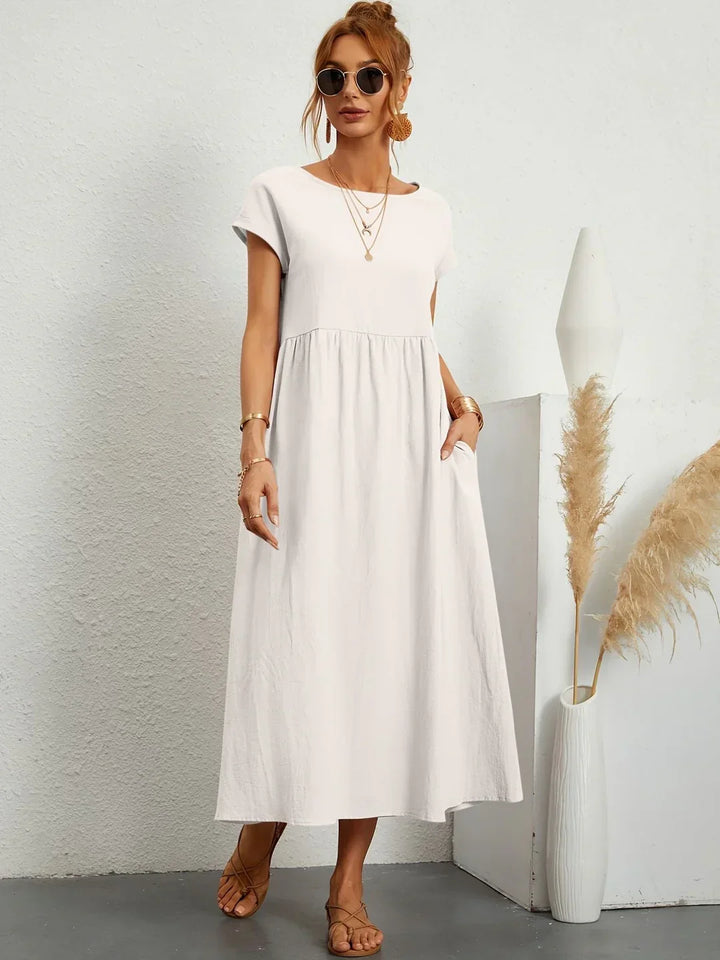 Osana™ | Elegant Short Sleeve Cotton Pleated Dress