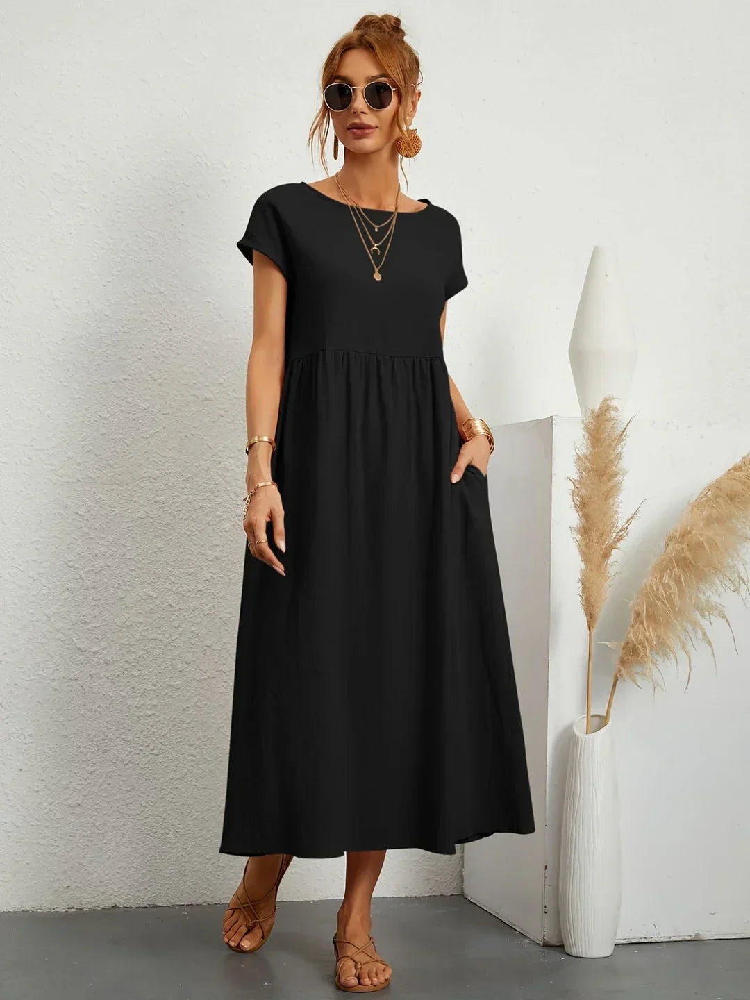 Osana™ | Elegant Short Sleeve Cotton Pleated Dress