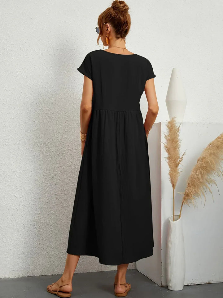 Osana™ | Elegant Short Sleeve Cotton Pleated Dress