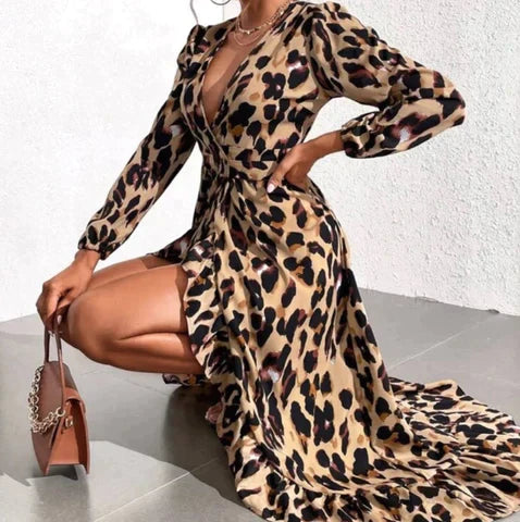 Farasha™ | Elegant Leopard Print V-neck Dress