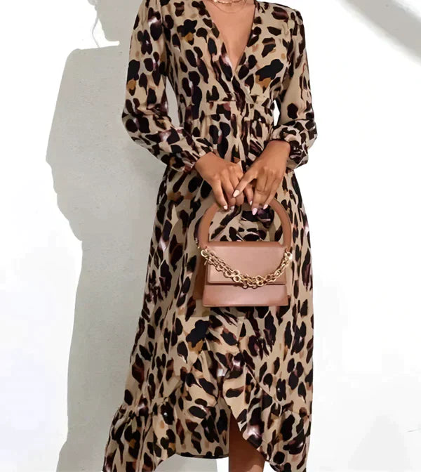 Farasha™ | Elegant Leopard Print V-neck Dress