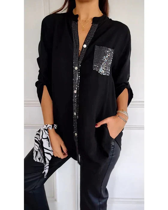 Elmie™ | Casual V-neck Sequin Woman's Blouse