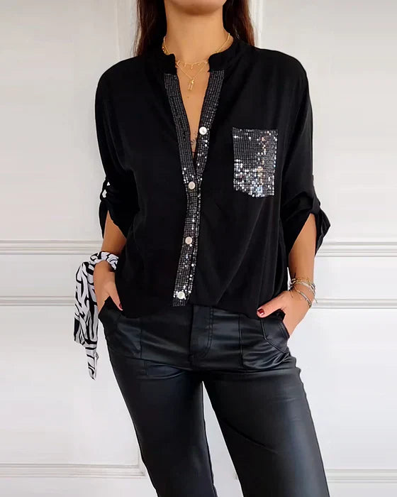 Elmie™ | Casual V-neck Sequin Woman's Blouse